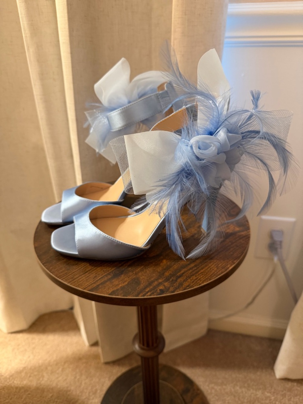 Nina Shoes Powder Blue Satin Peep-Toe Heels with Floral Feather Accent
